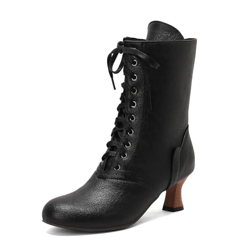 Diuniarza Runde Zehen Kitten Stiefel Damen Schnüren Stiefeletten Ankle Stiefeletten Leisure Buro Mid Stiefel Schwarz Gr 47 EU/49 von Diuniarza