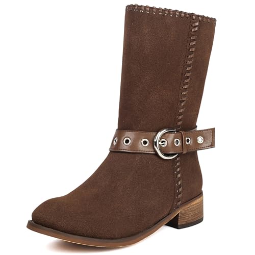 Diuniarza Runde Zehen Wildleder Mid Stiefel Damen Chukka Stiefeletten Leisure Blockabsatz Schnalle Draußen Stiefel Braun Gr 38 EU/39 von Diuniarza