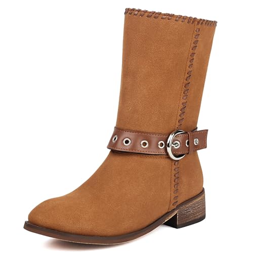 Diuniarza Runde Zehen Wildleder Mid Stiefel Damen Chukka Stiefeletten Leisure Blockabsatz Schnalle Draußen Stiefel Gelb Gr 37 EU/38 von Diuniarza