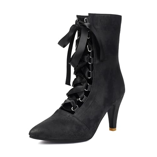 Diuniarza Schnüren Höhe Ferse Stiefel Damen Prom Pointed Toe Elgant Party Prom Stiefeletten Schwarz Gr 45 EU/47 von Diuniarza