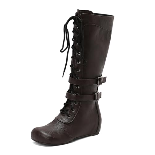 Diuniarza Schnüren Kniehohe Stiefel Damen Warm Keilabsatz Stiefel Runde Zehen Leisure Bogen Schnüren Braun Gr 39 EU/40 von Diuniarza