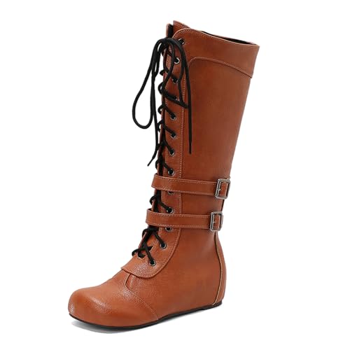 Diuniarza Schnüren Kniehohe Stiefel Damen Warm Keilabsatz Stiefel Runde Zehen Leisure Bogen Schnüren Gelb Gr 36 EU von Diuniarza