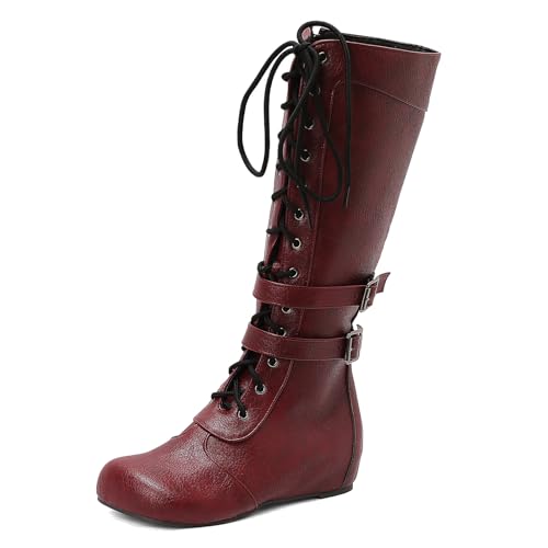 Diuniarza Schnüren Kniehohe Stiefel Damen Warm Keilabsatz Stiefel Runde Zehen Leisure Bogen Schnüren Rotwein Gr 47 EU/49 von Diuniarza