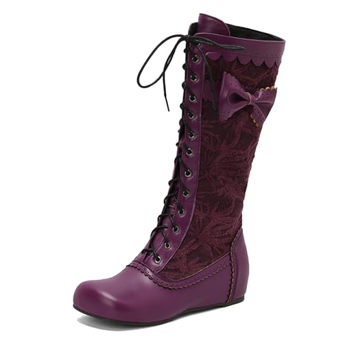 Diuniarza Schnüren Kniehohe Stiefel Damen Warm Keilabsatz Stiefel Runde Zehen Leisure Bogen Schnüren Violett Gr 40 EU/41 von Diuniarza