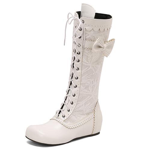Diuniarza Schnüren Kniehohe Stiefel Damen Warm Keilabsatz Stiefel Runde Zehen Leisure Bogen Schnüren Weiß Gr 39 EU/40 von Diuniarza