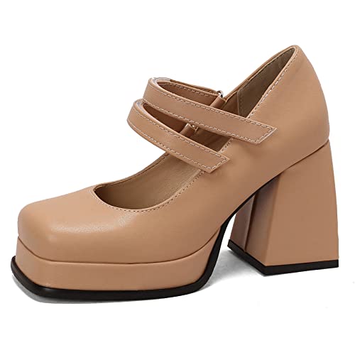 Diuniarza Square Toe Blockabsatz Plateau Mary Jane Damen Schuhe Knöchelriemchen Weit Fit Sweet Retro Schuluniform Schuhe Lack Aprikose Gr 37 EU/38 Asiatisch von Diuniarza
