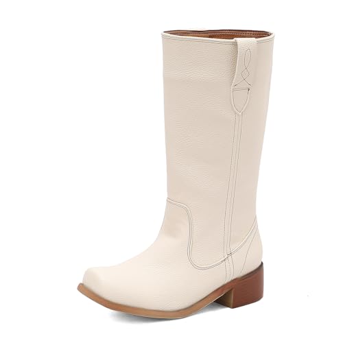 Diuniarza Square Toe Halbschaft Stiefel Damen Weit Calf Reitstiefel Ohne Verschluss Leisure Retro Blockabsatz Stiefel Weit Calf Draußen Beige Gr 40.5 EU/42 von Diuniarza