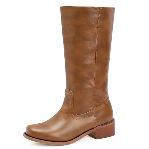 Diuniarza Square Toe Halbschaft Stiefel Damen Weit Calf Reitstiefel Ohne Verschluss Leisure Retro Blockabsatz Stiefel Weit Calf Draußen Gelb-Braun Gr 42 EU/44 von Diuniarza