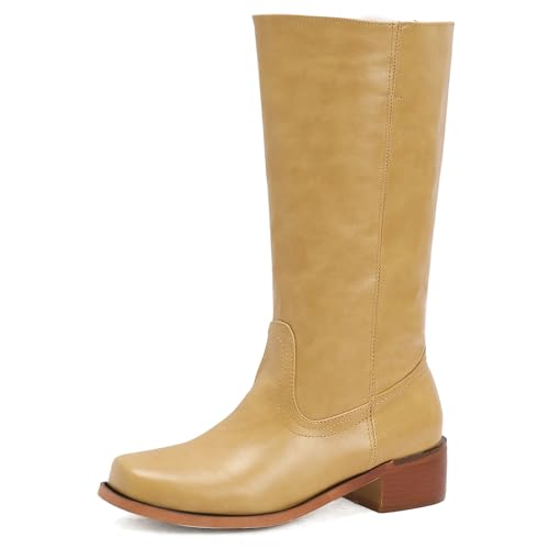 Diuniarza Square Toe Halbschaft Stiefel Damen Weit Calf Reitstiefel Ohne Verschluss Leisure Retro Blockabsatz Stiefel Weit Calf Draußen Gelb Gr 43 EU/45 von Diuniarza
