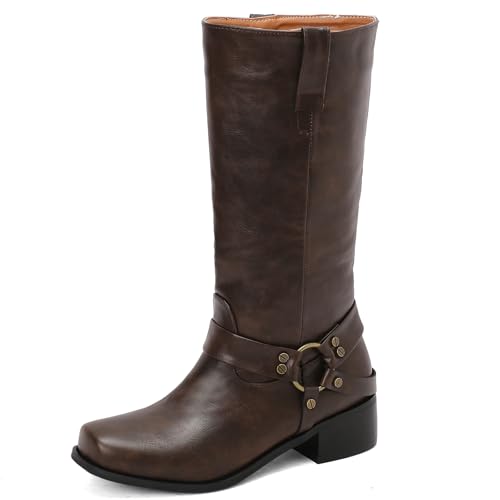 Diuniarza Square Toe Halbschaft Stiefel Damen Weit Calf Reitstiefel Ohne Verschluss Leisure Retro Blockabsatz Stiefel Weit Calf Draußen Kaffee Gr 43 EU/45 von Diuniarza