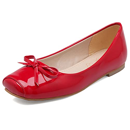 Diuniarza Square Toe Pleated Flach Ohne Verschluss Damen Pump Sweet Bogen Ballet Concise Loafer Foldable Girl Schuhe Rot Gr 51 EU/53 Asiatisch von Diuniarza