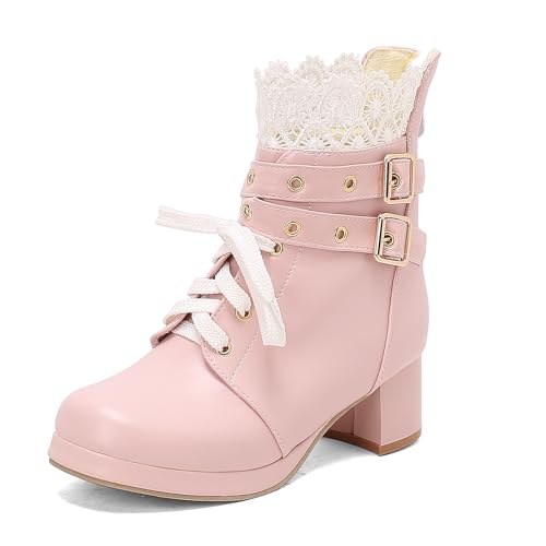 Diuniarza Stiefeletten Damen Party Bride Stiefel Runde Zehen Bogen Sweet Lovely Stiefeletten Prom Low Block Stiefel Pink Gr 36 EU von Diuniarza