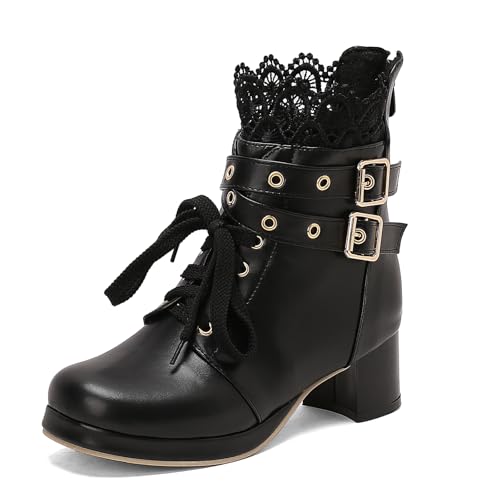 Diuniarza Stiefeletten Damen Party Bride Stiefel Runde Zehen Bogen Sweet Lovely Stiefeletten Prom Low Block Stiefel Schwarz Gr 32 EU von Diuniarza