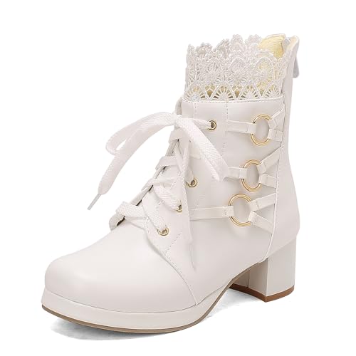 Diuniarza Stiefeletten Damen Party Bride Stiefel Runde Zehen Bogen Sweet Lovely Stiefeletten Prom Low Block Stiefel Weiß Gr 38 EU/39 von Diuniarza