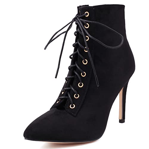 Diuniarza Stiletto Stiefeletten Damen Schnüren Mittelhohe Stiefel Schuhe Wildleder Elegant Prom Stiefel Schwarz Gr 36 EU von Diuniarza