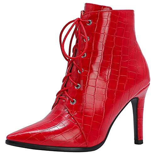 Diuniarza Stilettos Stiefeletten Damen Schnüren Stiefeletten Höhe Ferse Mode Kleid Stiefeletten Elegant Rot Gr 40.5 EU/42 von Diuniarza