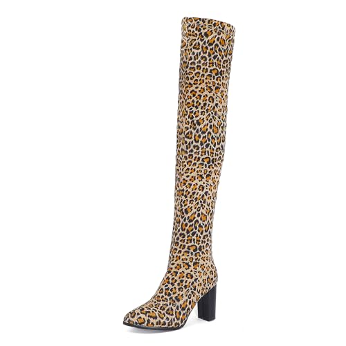 Diuniarza Stretch Overknees Stiefel Damen Höhe Ferse Overknees Print Pointed Toe Ohne Verschluss Blockabsatz Long Boors Warm Leopard Gr 34 EU von Diuniarza