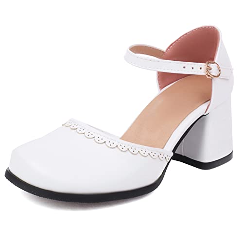 Diuniarza Weit Fit Mary Jane Blockabsatz Square Toe Damensandalen Hochzeit Knöchelriemchen Sommer Abendschuhe Bogen Weiß Gr 34 EU von Diuniarza