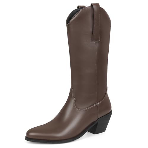 Diuniarza Western Mid Stiefel Damen Pointed Toe Ohne Verschluss Weit Calf Pointed Toe Elegant Westernstiefel Halbschaft Stiefel Braun Gr 40 EU/41 von Diuniarza