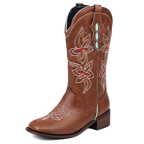 Diuniarza Westernstiefel Damen Ohne Verschluss Hohe Stiefel Blockabsatz Retro Weit Calf Bestickt Cowboystiefel Ohne Verschluss Leisure Braun Gr 35 EU von Diuniarza