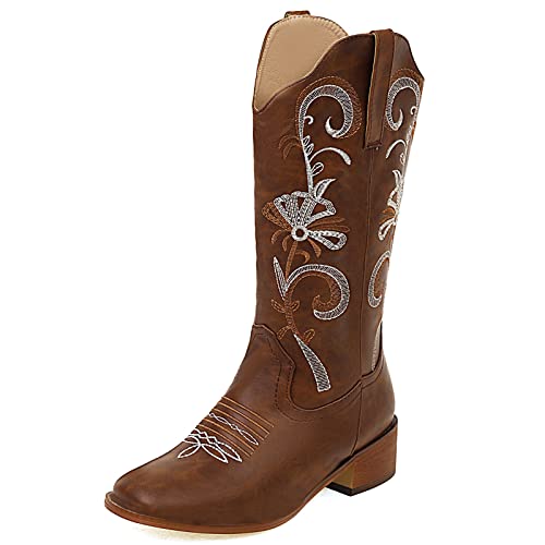 Diuniarza Westernstiefel Damen Ohne Verschluss Hohe Stiefel Blockabsatz Retro Weit Calf Bestickt Cowboystiefel Ohne Verschluss Leisure Braun Gr 36.5 EU/37 von Diuniarza