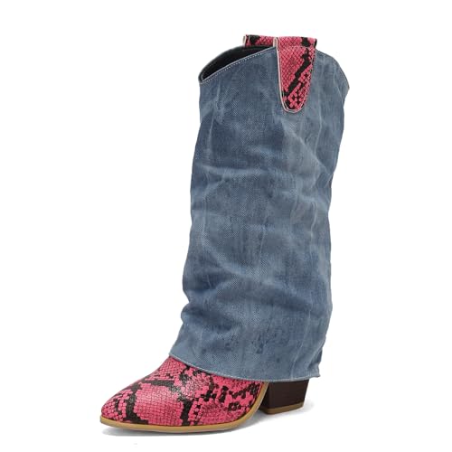 Diuniarza Westernstiefel Damen Pointed Toe Kniehohe Stiefel Print Overknees Stiefel Elegant Winter Ohne Rose Gr 47 EU/49 von Diuniarza