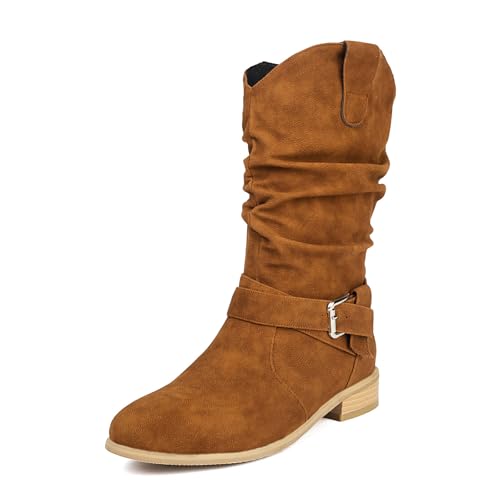 Diuniarza Wildleder Hohe Stiefel Damen Runde Zehen Reitstiefel Comfy Klassische Weit Calf Stiefel Ohne Verschluss Braun Gr 38 EU/39 von Diuniarza