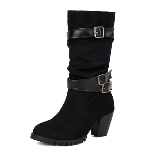 Diuniarza Wildleder Westernstiefel Damen Blockabsatz Lockere Stiefel Ohne Verschluss Leisure Weit Calf Stiefeletten Runde Zehen Schwarz-S Gr 36 EU von Diuniarza