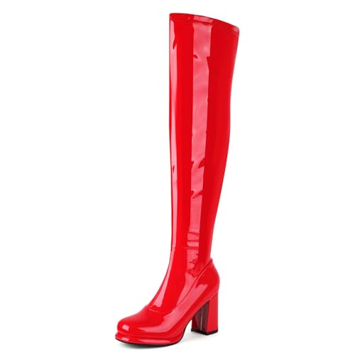 Diuniarza Woeens Lack Overknees Warm Fell Mode Blockabsatz Elegant Stiefel Plateau Party Mittelhohe Stiefel Zip Rot Gr 40 EU/41 Asiatisch von Diuniarza