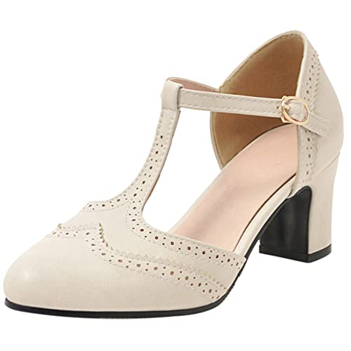 Oxford Mitte Absatz Damen, Sandalen Geschlossen Retro Blockabsatz Party-Sandale Schnalle T-Spange Bogen, 15543Gtt Beige Gr 39 EU von Diuniarza