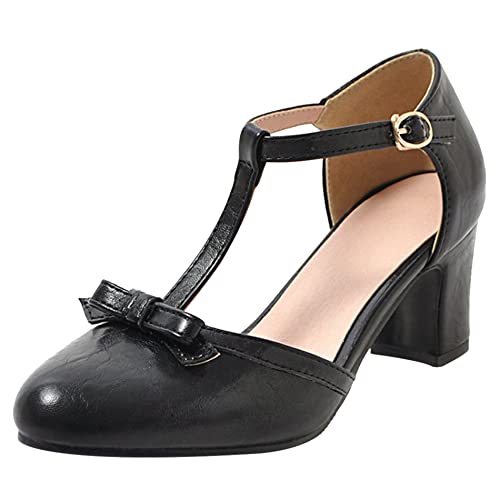 Oxford Mitte Absatz Damen, Sandalen Pointed Toe Retro Blockabsatz Party-Sandale Schnalle T-Spange Bogen, 15601Shg Schwarz Gr 45 EU von Diuniarza