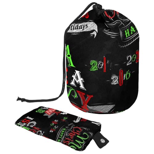 Make-up-Tasche mit Kordelzug, fassförmig, Reise-Kosmetiktasche, Make-up-Tasche, faltbare Kulturbeutel, Organizer, Aufbewahrungstasche für Damen und Mädchen – Frohe Weihnachten und ein frohes neues von Diusye