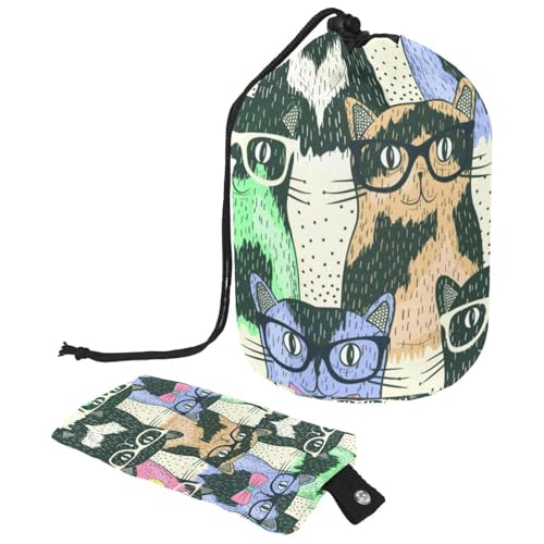 Make-up-Tasche mit Kordelzug, fassförmige Reise-Kosmetiktasche, Make-up-Tasche, faltbare Kulturbeutel, Aufbewahrungstasche für Damen und Mädchen, Katze mit Brille, multi, Einheitsgröße, Kulturbeutel Make-up-Tasche mit Kordelzug, fassförmige Reise-Kosmetiktasche, Make-up-Tasche, faltbare Kulturbeutel, Aufbewahrungstasche für Damen und Mädchen, Katze mit Brille, multi, Einheitsgröße, Kulturbeutel von Diusye
