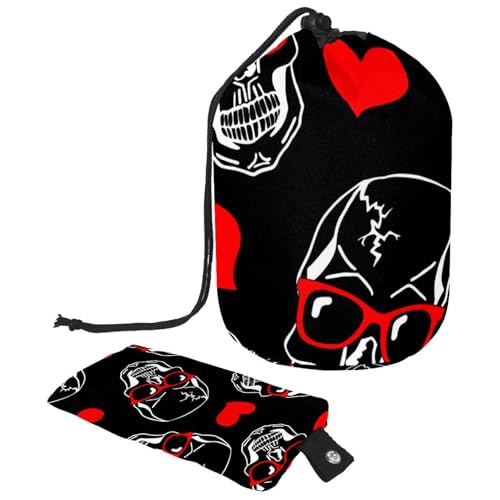 Make-up-Tasche mit Kordelzug, fassförmige Reise-Kosmetiktasche, Make-up-Tasche, faltbare Kulturbeutel, Aufbewahrungstasche für Damen und Mädchen, Totenkopf mit roter Brille, Herz, multi, Make-up-Tasche mit Kordelzug, fassförmige Reise-Kosmetiktasche, Make-up-Tasche, faltbare Kulturbeutel, Aufbewahrungstasche für Damen und Mädchen, Totenkopf mit roter Brille, Herz, multi, von Diusye