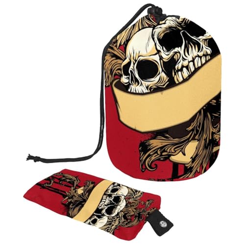 Make-up-Tasche mit Kordelzug, fassförmige Reise-Kosmetiktasche, Make-up-Tasche, faltbare Kulturbeutel, Aufbewahrungstasche für Damen und Mädchen, drei Totenköpfe mit Flügel auf Grunge, multi, von Diusye