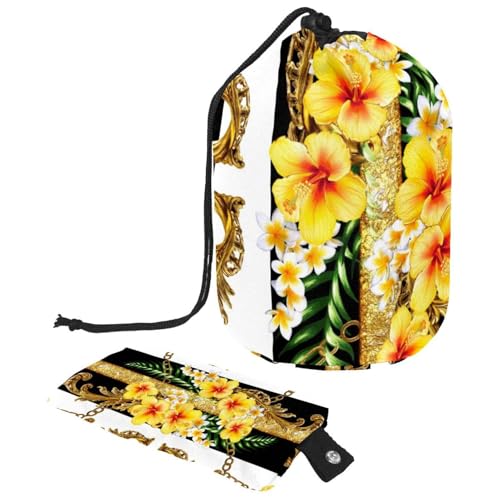 Make-up-Tasche mit Kordelzug, fassförmige Reise-Kosmetiktasche, Make-up-Tasche, faltbare Kulturbeutel, Aufbewahrungstasche für Damen und Mädchen, tropische Blume mit goldener Kette auf schwarz-weißen von Diusye