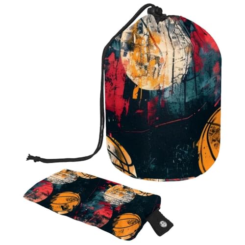 Make-up-Tasche mit Kordelzug, fassförmige Reise-Kosmetiktasche, Make-up-Tasche, faltbare Kulturbeutel, Organizer, Aufbewahrungstasche für Damen und Mädchen, Grunge-Basketbälle, multi, Einheitsgröße, von Diusye