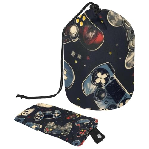 Make-up-Tasche mit Kordelzug, fassförmige Reise-Kosmetiktasche, Make-up-Tasche, faltbare Kulturbeutel, Organizer, Aufbewahrungstasche für Damen und Mädchen – Grunge Gamepad Joysticks, multi, von Diusye