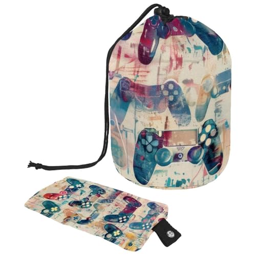 Make-up-Tasche mit Kordelzug, fassförmige Reise-Kosmetiktasche, Make-up-Tasche, faltbare Kulturbeutel, Organizer, Aufbewahrungstasche für Damen und Mädchen – Grunge Gamepad Joysticks, multi, von Diusye
