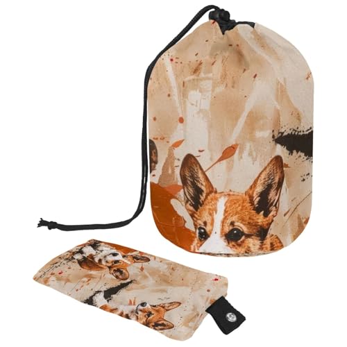 Make-up-Tasche mit Kordelzug, fassförmige Reise-Kosmetiktasche, Make-up-Tasche, faltbarer Kulturbeutel, Aufbewahrungstasche für Damen und Mädchen, Corgis Pfotenabdrücke auf Grunge, multi, von Diusye