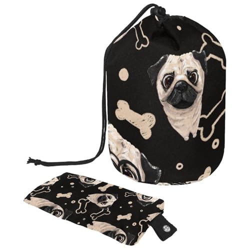 Make-up-Tasche mit Kordelzug, fassförmige Reise-Kosmetiktasche, Make-up-Tasche, faltbarer Kulturbeutel, Aufbewahrungstasche für Damen und Mädchen, Mops in schwarzer Brille mit Knochen, multi, Make-up-Tasche mit Kordelzug, fassförmige Reise-Kosmetiktasche, Make-up-Tasche, faltbarer Kulturbeutel, Aufbewahrungstasche für Damen und Mädchen, Mops in schwarzer Brille mit Knochen, multi, von Diusye