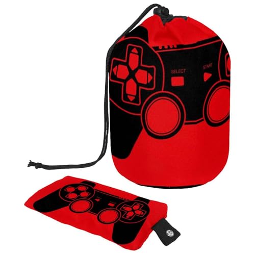 Make-up-Tasche mit Kordelzug, fassförmige Reise-Kosmetiktasche, Make-up-Tasche, faltbarer Kulturbeutel, Aufbewahrungstasche für Damen und Mädchen, Spiel-Joystick auf rotem Grunge-Hintergrund, multi, von Diusye