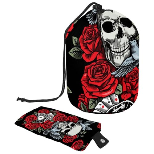 Make-up-Tasche mit Kordelzug, fassförmige Reise-Kosmetiktasche, Make-up-Tasche, faltbarer Kulturbeutel, Aufbewahrungstasche für Damen und Mädchen, Totenkopf-Vögel, Uhr-Karte und rote Rosen, multi, von Diusye