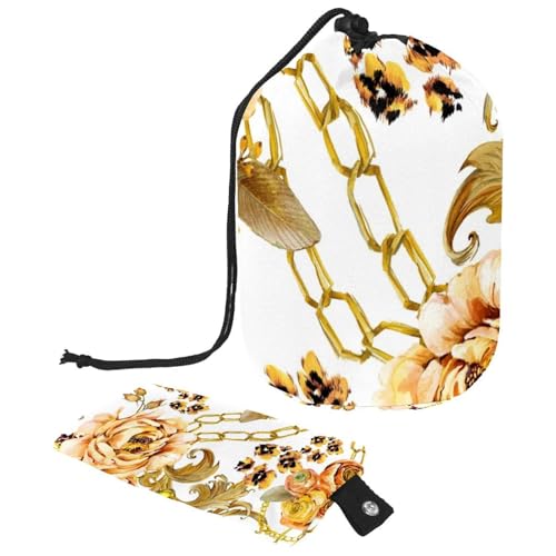 Make-up-Tasche mit Kordelzug, fassförmige Reise-Kosmetiktasche, Make-up-Tasche, faltbarer Kulturbeutel, Aufbewahrungstasche für Damen und Mädchen, goldene Kette mit Rose und Leopardenmuster, multi, von Diusye