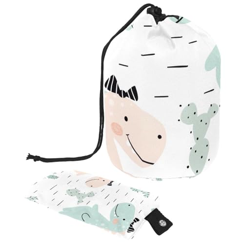 Make-up-Tasche mit Kordelzug, fassförmige Reise-Kosmetiktasche, Make-up-Tasche, faltbarer Kulturbeutel, Organizer, Aufbewahrungstasche für Damen und Mädchen, Dinosaurier-Baby mit Schleife und Kaktus, von Diusye