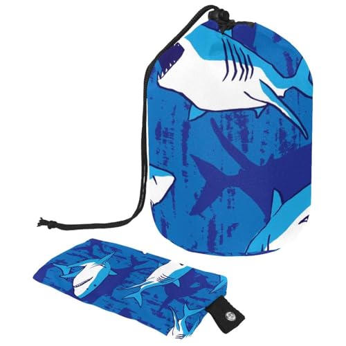 Make-up-Tasche mit Kordelzug, fassförmige Reise-Kosmetiktasche, Make-up-Tasche, faltbarer Kulturbeutel, Organizer, Aufbewahrungstasche für Damen und Mädchen, Grunge Blue Shark Muster, multi, von Diusye
