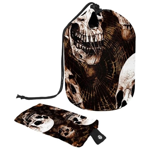 Make-up-Tasche mit Kordelzug, fassförmige Reise-Kosmetiktasche, Make-up-Tasche, faltbarer Kulturbeutel, Organizer, Aufbewahrungstasche für Damen und Mädchen, Motiv: Grunge Dead Human Skull, multi, von Diusye