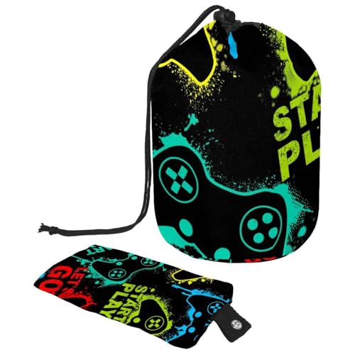 Make-up-Tasche mit Kordelzug, fassförmige Reise-Kosmetiktasche, Make-up-Tasche, faltbarer Kulturbeutel, Organizer, Aufbewahrungstasche für Damen und Mädchen, bunte Grunge-Spiel-Joysticks, multi, von Diusye