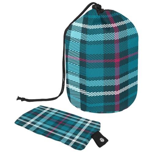 Make-up-Tasche mit Kordelzug, fassförmige Reise-Kosmetiktasche, Make-up-Tasche, faltbarer Kulturbeutel, Organizer, Aufbewahrungstasche für Damen und Mädchen, kariertes Karomuster, Blaugrün, Aqua, von Diusye