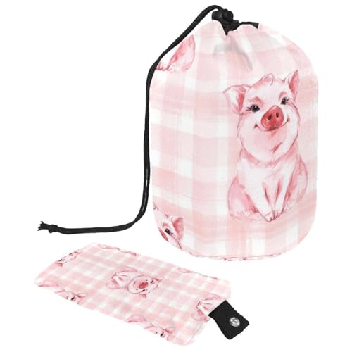 Make-up-Tasche mit Kordelzug, fassförmige Reise-Kosmetiktasche, Make-up-Tasche, faltbarer Kulturbeutel, Organizer, Aufbewahrungstasche für Damen und Mädchen, niedliche Schweine in rosa kariert, multi, von Diusye